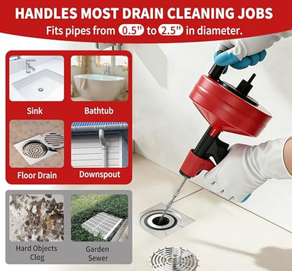Drain Snake 25 Ft with Drill Attachment, Auto Feed 1/4 Inch Plumbing Snake for Sink, Shower & Tub Clogs, Manual or Drill-Powered Drain Auger, with Gloves, Safety Glasses & Storage Bag - color: 25FT