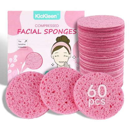 60-Count Compressed Facial Sponges|100% Natural Kickleen Cellulose Cosmetic Spa Sponges for Daily Facial Cleansing|Makeup and Mask Removal | Exfoliating | Skin Massage | Pore Exfoliation(Pink) - color: Pink
