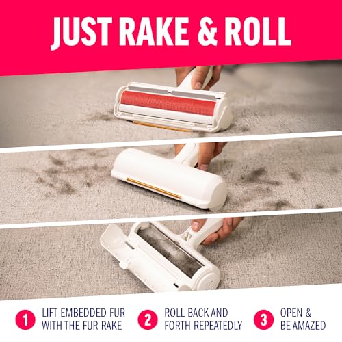 ChomChom Roller & Rake – Reusable Pet Hair Removal Roller with Rake Attachment for Cat & Dog Fur on Furniture, Couch, Carpet, Car, Rugs, Bedding & More– Portable, Eco-Friendly