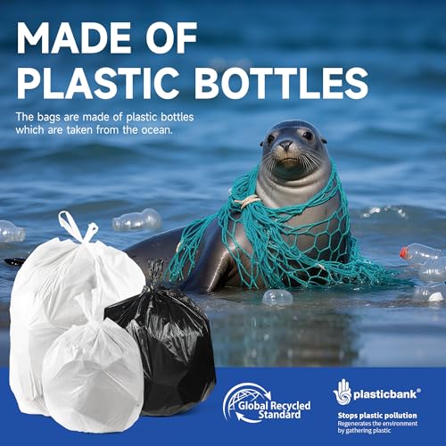 Small Trash Bags with Handles - Ocean Plastic Upcycling - Plastic Garbage Bags, Can Bin & Waste Basket Liner for Kitchen, Bathroom, Office and Pets,1.2 Gallon 200 Count White - color: 1.2Gal White, size: 1 DISPENSER BOX