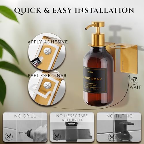 Wall Mount Soap Dispenser Holder, 2 Pack – 304 Stainless Steel, 2.95"×1.97"×2.56", 1.1" Neck Fit, No-Drill Peel & Stick Adhesive, Rustproof, Fits LUSSPA Bottles (Brushed Gold) - color: Brushed Gold