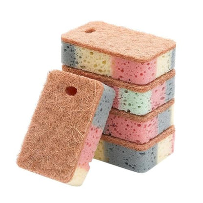 Double Sided Multi-Purpose Kitchen Cleaning Sponge, Great for Dishwashing and Stain Removal, Absorbent, Durable Coconut Fiber Side and Soft Sponge Side 5 Pcs Brown - color: Brown