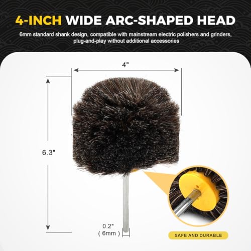 Bacar 4" Horsehair Polishing Wheel for Drill - Shoe & Leather Buffer Attachment, Soft Bristle Brush for Boots, Car Interior & Wood Care - style: Round Head