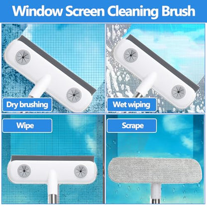 XANGNIER Window Screen Cleaner & Track Cleaning Kit-Mesh Screen Cleaner Brush with Extension Pole,Window Sill and Track Cleaner Tool Washing Equipment,28″Detachable Long-Reach Handle,Wet&Dry Dual-Use