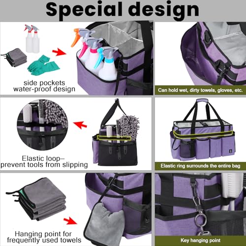 Extra large Cleaning Caddy Bag Built-in Sturdy Support Board, Cleaning Organizer with Detachable Divider, Cleaning Supply Tote with Adjustable Shoulder Strap (Purple, 19'' x 11'' x 11'') - color: Purple