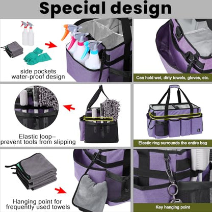 Extra large Cleaning Caddy Bag Built-in Sturdy Support Board, Cleaning Organizer with Detachable Divider, Cleaning Supply Tote with Adjustable Shoulder Strap (Purple, 19'' x 11'' x 11'') - color: Purple