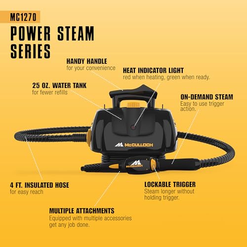 McCulloch MC1270 Portable Power Steam Cleaner, 30 Minute Runtime, 16 Accessories: Mop Head, Brushes, & More - Built for Home, Tile, Grout, Carpet, Furniture, & Personal Car Detailing - size: MC1270