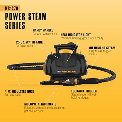 McCulloch MC1270 Portable Power Steam Cleaner, 30 Minute Runtime, 16 Accessories: Mop Head, Brushes, & More - Built for Home, Tile, Grout, Carpet, Furniture, & Personal Car Detailing - size: MC1270