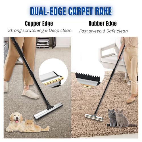Carpet Rake for Pet Hair Removal & Fluffing Matted Carpet – 61" Adjustable Handle, Deep Clean Dog & Cat Hair Remover, Reusable Scraper for Rugs, Low Pile Carpet, Couch & Stairs - size: Twin