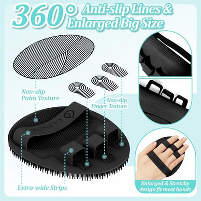 Silicone Back & Face Scrubber & Bath Glove Set 3PCS, 13.4'' Gentle Back Scrubber with Dual-Side Head, 360° Anti-Slip Bath Glove, Unique Side-bristled Face Scrubber for All-round Cleaning(Black) - color: Black*3