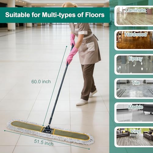KeFanta 48" Commercial Dust Mop for Floor Cleaning,Large Industrial Heavy Duty Floor Duster with 2 Replacement Mop Heads,Wet Dry Sweeper Broom for Hardwood Floors,Tile,Concrete,Laminate,Garage,Marble