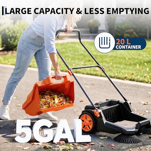 GarveeTech 25.6 in Walk-Behind Hand Push Floor Sweeper, 5 Gallon Capacity, Manual Outdoor Push Sweeper with Adjustable Folding Handle for Warehouses, Workshop, Garages