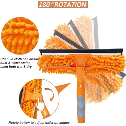2 in 1 Window Washing Squeegee & Duster with 2 Pad Compatible with Standard 3/4 Inch Threaded Poles for Home Indoor Outdoor Window Washing/Duster Head Only (Orange)