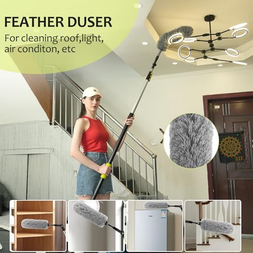 【Upgrade Anti Rotation 】 36ft High Reach Duster Kit,5-36ft Lightweight Aluminum Alloy Extension Rod,7-Piece Set,210° Steering Head Clean Various Angle,for Cleaning Ceiling,High Wall - size: 30FT