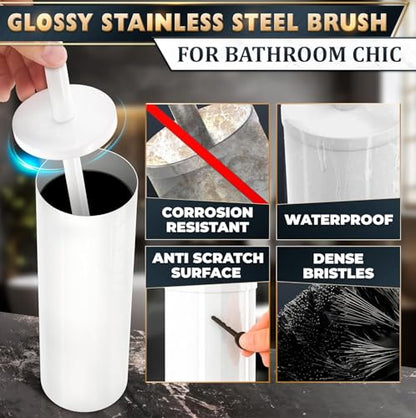 Stainless Steel Toilet Brush and Holder Set White - Long Handle Toilet Bowl Cleaner Brush and Holder - Removable Inner Liner, Shiny Design, Splash Protection & Dense Bristles for Bathroom Cleaning - color: Natural White