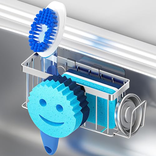 MURLONG Sponge Holder for Kitchen Sink,Sink Caddy Smiley Face,4-in-1 Sponge Holder with Suction Cups & 1 PCS Adhesive Strips for Holding Soap,Brush,Scrubber,Sponge,Stopper-Silver - color: Silver