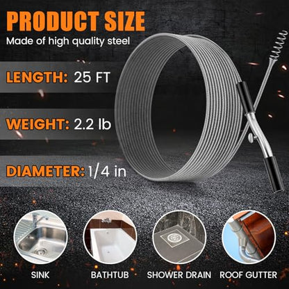 Threlaco 50 ft Drain Auger Plumbing Snake for Heavy Deep Blockages 1/4" Diameter Flexible Plumbing Cables Drain Snake for Kitchen Bathroom Shower Sink Cleaning Drainage Clogs - size: 50 Ft, 1/4" Diameter