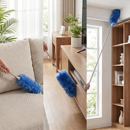Heavy Duty Duster Refills, Disposable Dusters Kit for Cleaning Dusting Furniture Blind Ceiling Fan, Multi Surface 360 Feather Duster(10)+3FT Extended Handle（1） (Navy Blue) - color: Navy Blue