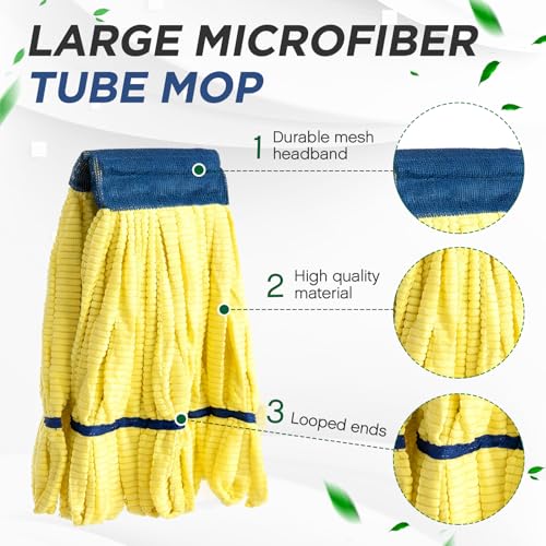 Hushee 12 Pack Large Microfiber Tube Mop Heads 18 oz Heavy Duty Commercial Industrial Wet Mop Head Refill Reusable Machine Washable Looped End Mopheads for Hardwood, Tile, Laminate Floors (Yellow) - color: Yellow