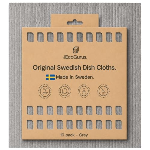 Premium Swedish Dishcloths for Kitchen (10 x Gray) Multi-Surface, Cellulose & Cotton, Original Made in Sweden - Eco-Friendly, Reusable, Absorbent, No Odor, Cellulose Sponge Cloths - color: Gray