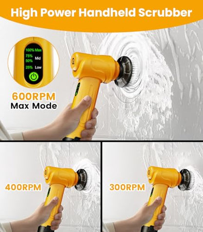 Battery Electric Spin Scrubber Q4, Handheld Scrubber for Cleaning with Display, Power Dish Scrubber with 5 Heads, Shower Cordless Cleaning Brush for Bathroom/Sink/Window - size: Battery Scrubber with 4.9-inch handle