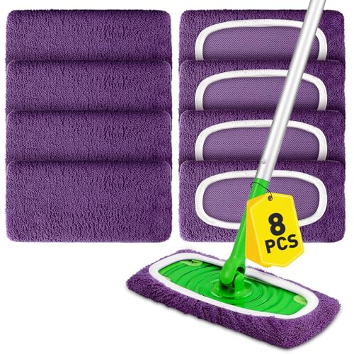 Microfiber Mop Pads,8Pcs Purple Reusable Mop Pads Compatible with Swiffer Sweeper,Dry Flat mop Cover & Washable Wet Pads Refill for Floor Cleaning - color: Purple