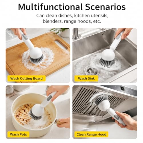 360° Rotating Dish Brush with Soap Dispenser, Kitchen Scrubber for Pots, Pans and Sink Cleaning