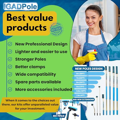 IGADPole 20 FT Water-Fed Washing Kit with Soap-Dispenser, Brush, 10″ Squeegee & Cobweb Duster for Windows, Gutters, Solar Panels & Exterior Walls - size: 20 ft Pole