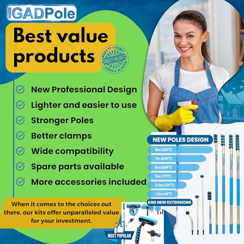 IGADPole 24 FT Water-Fed Washing Kit with Soap-Dispenser, Brush, 10″ Squeegee & Cobweb Duster for Windows, Gutters, Solar Panels & Exterior Walls - size: 24 ft Pole
