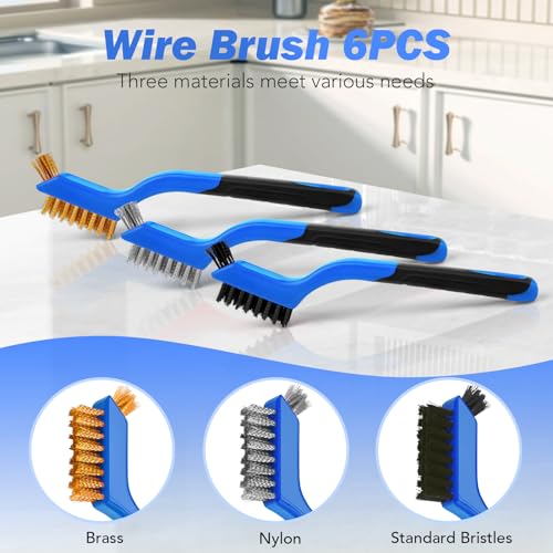 Wire Brush Set, 6 Pcs Stainless Steel/Brass/Nylon Wire Brushes for Cleaning with Curved Handle Grip for Rust Removal, Dirt, Paint Scrubbing(Blue) - style: Blue-6pcs