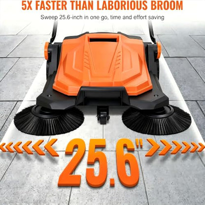 GarveeTech 25.6 in Walk-Behind Hand Push Floor Sweeper, 5 Gallon Capacity, Manual Outdoor Push Sweeper with Adjustable Folding Handle for Warehouses, Workshop, Garages