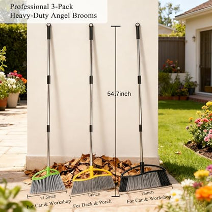 3 Pack Wide Heavy Duty Angle Broom - Stiff Bristle Outdoor Brooms for Sweeping Patio, Garden, Garage, Yard (Black, Yellow, Green) - color: Black, Yellow, Green
