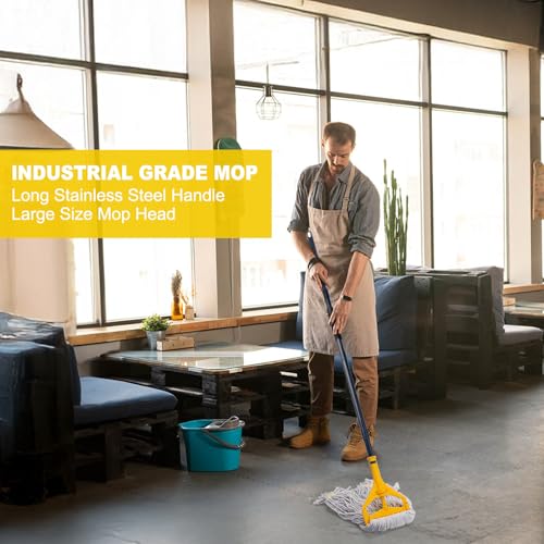 Commercial Mop with 3 Extra Large Replacement Heads,59" Long Handle Heavy Duty Industrial Mops for Floor Cleaning,Looped-End String Wet Cotton Mop for Home,Kitchen,Office,Garage,Concrete/Tile Floor - size: Large