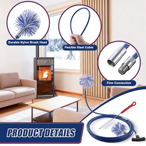 Dreyoo Pellet Stove Cleaning Brush Kit, 20 FT Flexible Steel Rod with 3" & 4" Brush Head, T Handle, Multi Purpose Flue Detail Cleaner, Nylon Stove Flue Pipe Kit for Pellet Furnace Exhaust Pipes - size: 20FT with 3" & 4" Brush Heads