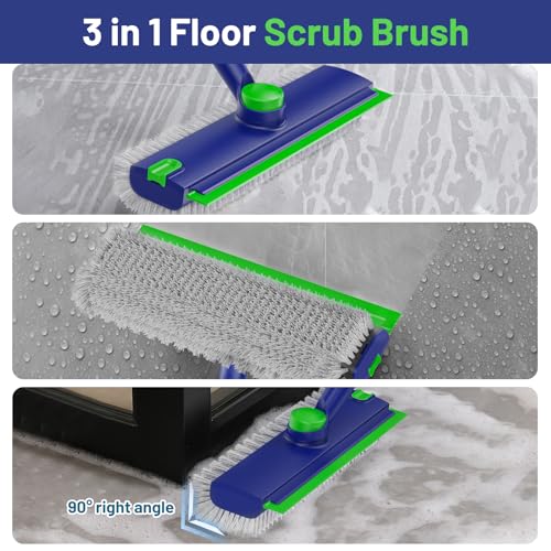 Floor Scrub Brush with Long Handle: 3 in 1 Heavy-Duty Floor Scrubber Brush with Squeegee for Cleaning Tile Bathroom Deck Kitchen Patio - Blue - color: Blue