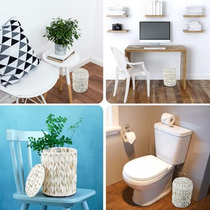 Ctosree 1.3 Gallons Small Trash Can with Lid Handle Boho Woven Braided Bathroom Waste Basket Trash Can with 100 Garbage Bags for Bedroom Office Laundry(Braided Polypropylene, Cream White) - color: Cream White, style: Round