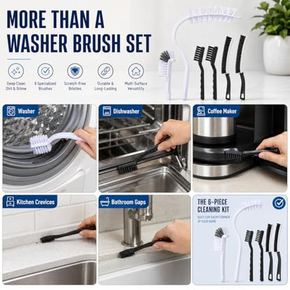 Washing Dryer Machine Rubber Seal Cleaning Brush Kits, Front Load Washer Cleaner Tools-1 PC Drum Slot Clean Brush & 5 PCS Crevice Cleaning Brushes for Bathroom, Shower & Kitchen Sink Household