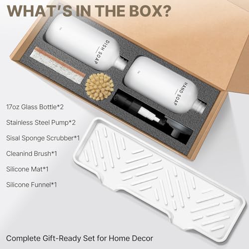 Kitchen Soap Dispenser Set, Kitchen Sink Organizer with Self Draining Silicone Tray, 2 x 17oz Glass Soap Dispensers, Stainless Steel Pumps, Bamboo Brush & Sisal Sponge - White - color: White Bottle + Black Pump
