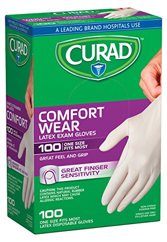 Curad Comfort Wear Latex Exam Gloves, Powder-Free, One Size Fits Most, 100 count - size: 1 Box (100 Count)