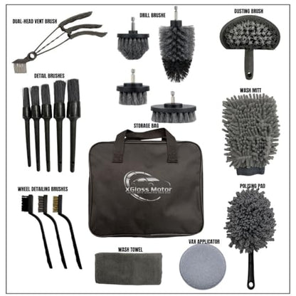 XGloss Motor™ 19-Piece Car Detailing Brush & Cleaning Kit – Drill Brush Set, Detail Brushes, Wheel Brushes, Wash Mitt, Towel, Vent & Dusting Brushes, Applicator Pad & Storage Bag