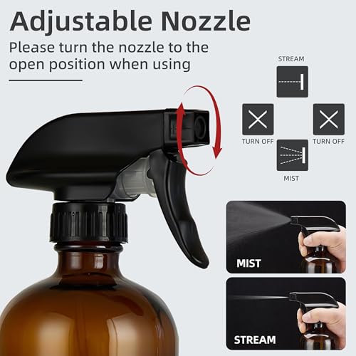 Amber Glass Spray Bottles 16 oz, 2 Pack | Refillable Empty Spray Bottles for Cleaning, Essential Oils, Plants, Hair Mister