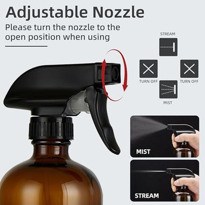 Amber Glass Spray Bottles 16 oz, 2 Pack | Refillable Empty Spray Bottles for Cleaning, Essential Oils, Plants, Hair Mister