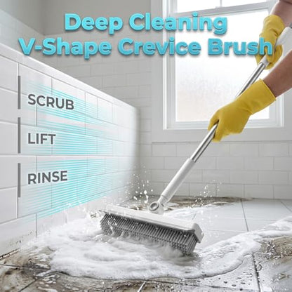 Floor Scrub Brush with Long Handle, 3 in 1 Scrape and Heavy-Duty Stiff Bristle Scrubber Brush, 2-in-1 Floor Brush with Built-in Squeegee, 3 in 1 Floor Scrub Brush (White-1PC) - color: White-1pc