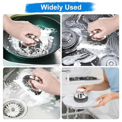 5PCS Stainless Steel Scrubber Pads, with 2Pcs Handle | Steel Wool Scrubber Set, For Kitchen and Household, Cleans Dishes, Stoves, Grill, Sink, Pots