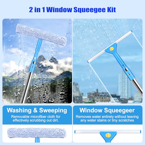 10 Feet Professional Squeegee Window Cleaner Tool with Extension Pole | Car Windshield Cleaning Kit with Long Handle, Queegee & Scrubber, Window Washing Equipment for Indoor Outdoor Windows & Glass