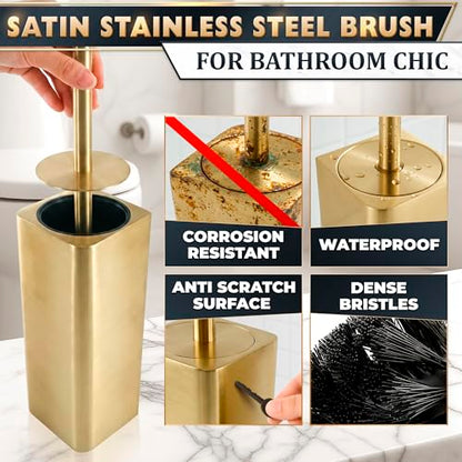 Gold Toilet Brush and Holder Set - Instantly Elevate Your Bathroom Style - Stainless Steel Toilet Bowl Brush and Holder with 2 Rounded Corners, Replaceable Head, Removable Inner Bowl & Splash Guard - color: Gold Squircle