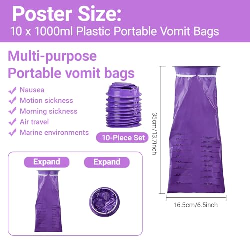 Vomit Bags Disposable,15 PCS 1000ML Bags Portable Throw Up Puke Barf Bag Thick Leak Resistant Motion Sickness Bag for Car Sick, Road Trip, Travel, Adults Pregnancy Nausea, Purple - color: 10Purple