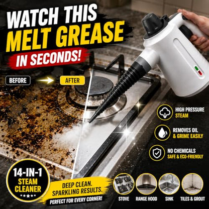 Handheld Steam Cleaner with 14 Accessories, High-Pressure Multi-Surface Steam Cleaner for Grout, Tile, Floors, Kitchen, Bathroom, Upholstery, and Car Detailing