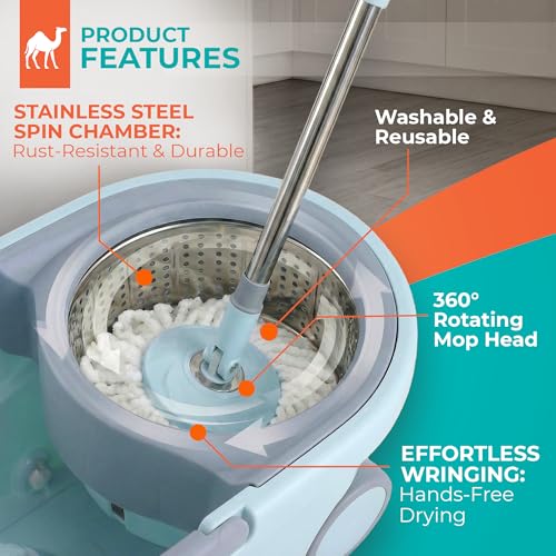 Grazie Spin Mop & Bucket Set - 360° Self-Wringing System with Wheels, Stainless Steel Handle - Hands-Free Floor Cleaning for Hardwood, Tile, Laminate - Includes 6 Washable Microfiber Mop Head Refills - size: Light Blue Mop Bucket + 6 Mop Heads