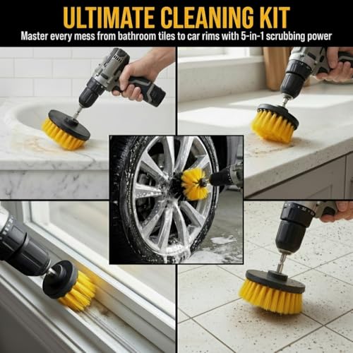 Drill Brush Attachment Set, 5 Pack Power Scrubber Cleaning Brush Kit with Extension Rod for Bathroom, Tub, Tile, Grout, Kitchen, Floor and Wheel Rims (Yellow) - color: Yellow